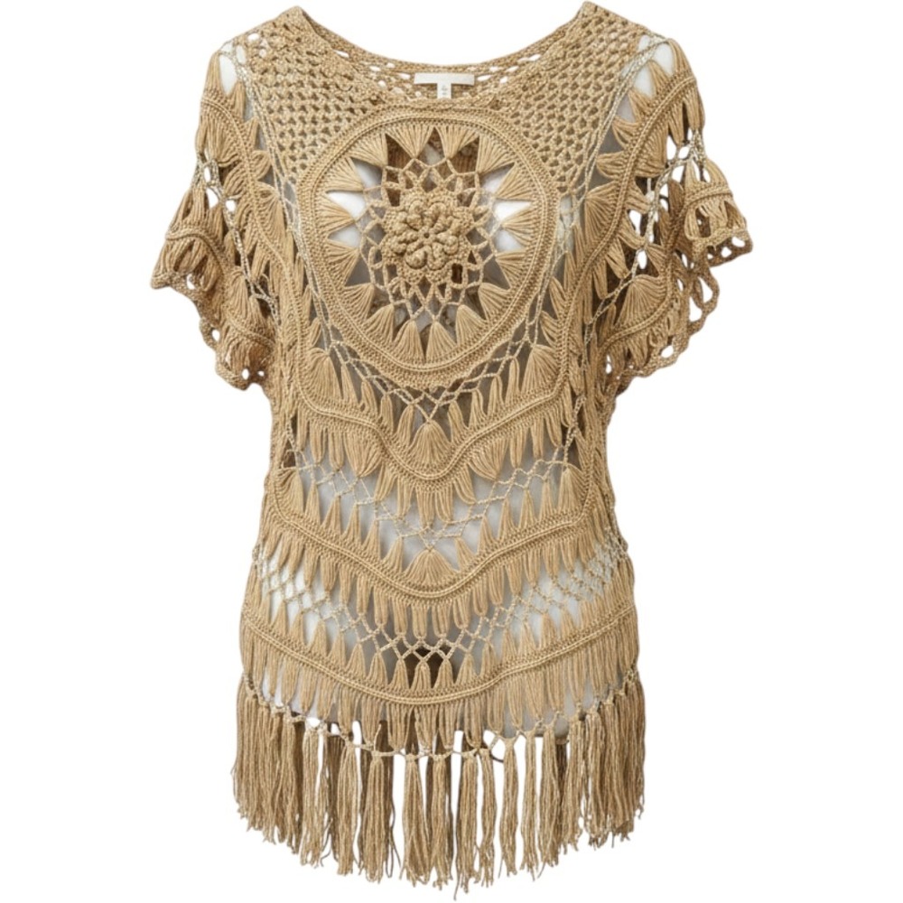 Vogue USA Tan Crochet Knit Fringe Medallion Top Gold Metallic Accents Small